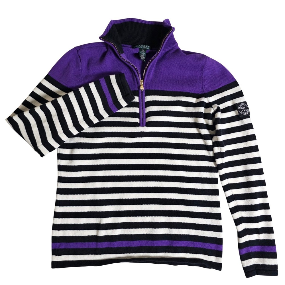 Lauren Ralph Lauren Quarter Zip Sweater Women Medium Purple Striped Nautical